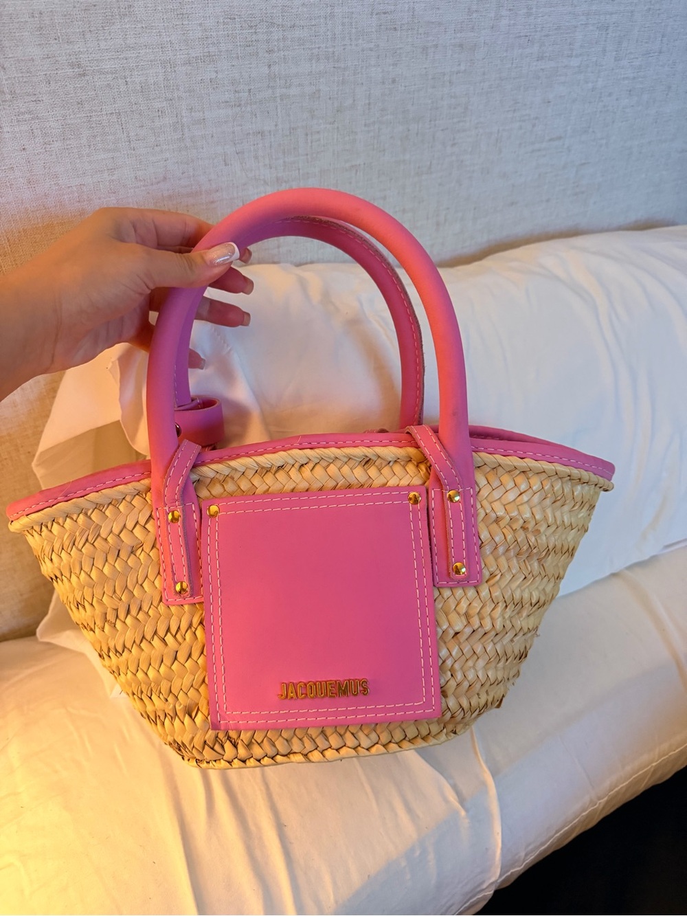 Jacquemus Pink Trim Straw Basket Tote